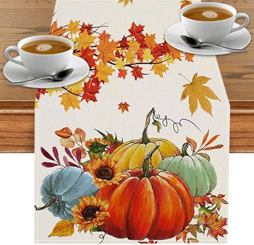 GreenYeah Herbst Tischläufer, Kürbisse Sonnenblumen Herbst Tischläufer, Tischläufer Herbst Leinen, Ahornblätter Herbst Tischläufer für Erntedankfest Herbstdekoration Thanksgiving 40x180 cm (A)