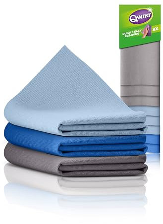 Qwikr Mikrofasertücher XXL 8 Stück Grau, Hellblau, Blau – Reinigungstücher - Putztücher - Vorteilspackung – 40x50 cm XXL Größe - ideal für große Aufgaben - Mikrofasertücher - waschbar bei 60 Grad