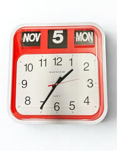 Ravencourt Große Wanduhr mit Klappkalender, Bürouhr, öffentlicher Sektor-Stil, leicht zu lesen, kontrastreiches Zifferblatt, Demenzpflege, Größe 42 x 44 x 10 cm, Rot