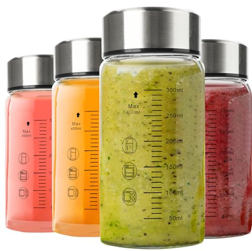 4 Pack Glass Juice Bottles Wide Mouth Glass Water Bottles with Stainless Steel Lids Reusable 12 Oz Juice Containers for Juicing, Smoothies, Milk, Protein Leak Proof BPA Free Borosilicate Glass