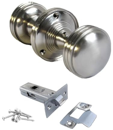 Satin Nickel Round Door Knob Set Including Tubular Latch - Heavy Reeded Style Sprung Internal & External Door Knobs for Mortice Locks & Tubular latches. Sets 1