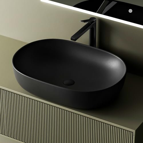 EMKE Design Waschbecken, Oval Aufsatzwaschbecken, 60 x 41 cm,Schwarz Matt, Kratzfest & Pflegeleicht, Leicht zu Reinigen & Installieren, Hochwertiges Waschbecken Bad
