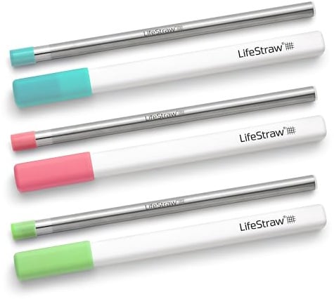LifeStraw Sip - Paquete de 3 pajitas reutilizables de acero inoxidable con filtro de agua con 3 fundas de transporte, elimina microplásticos, bacterias y parásitos para viajes y uso diario