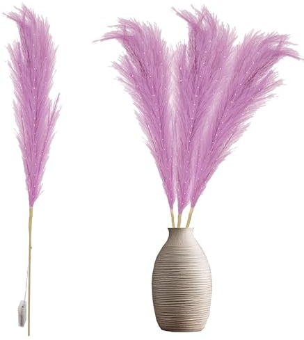 4Pcs - 100cm Prelit Pink Pampas Grass Stem, Warm White LEDs Battery-Operated Christmas Artificial Flowers for Boho Wedding Bedroom Living Room Decorations