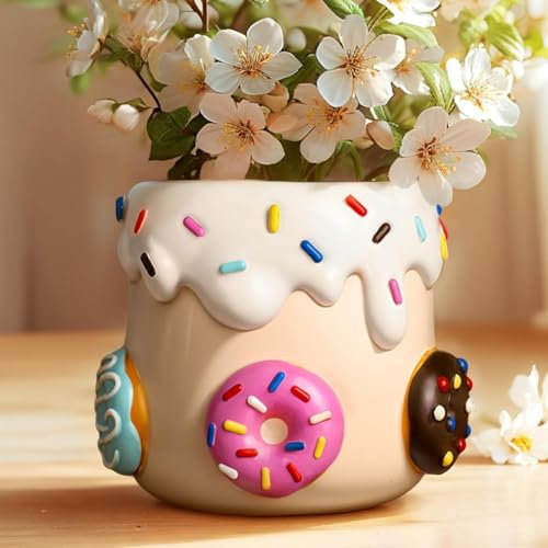 AmiCera Bunte Donut Blumentopf, Einzigartige BlumentöPfe mit Drainage, Süße Kleine Regenbogen Übertöpfe für Zimmerpflanzen, Lustiger Sukkulenten Pflanztopf, Gartengeschenk für Pflanzenliebhaber, Rosa