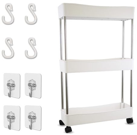 Ph Pro Heat Carrito Auxiliar con Ruedas de 3 Niveles Estrecho, Carro Cocina, Baño o Multiuso de Plástico Blanco, Fácil de Mover y Almacenar. Medidas 38x13x61cm.
