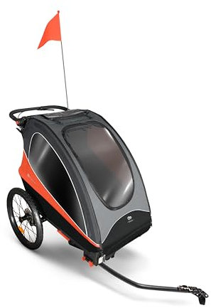 Kinderkraft NAVA 3 en 1, Remolque infantil, Cochecito, Silla de paseo, Remolque de bicicleta, Para uno o dos niños, 2 x 22 kg, Protector de lluvia, Protección contra insectos, Naranja
