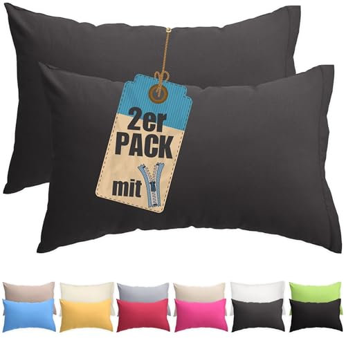 Kissenbezug Doppelpack 60x80 cm Anthrazit mit verdecktem Reißverschluss - 2er Pack Kissenhülle Set Baumwolle Uni, Waschbar, Atmungsaktiv Mischgewebe