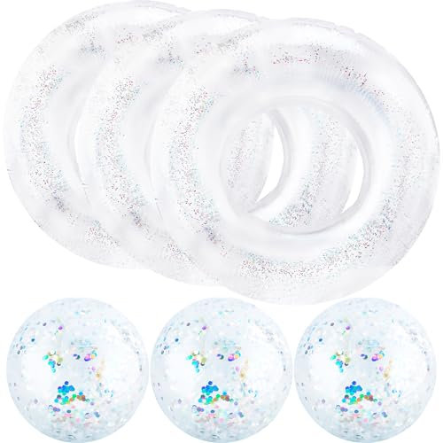 6 tubos flotadores inflables transparentes con purpurina para piscina, bola de playa con purpurina, incluye 3 bolas inflables de confeti de playa, 3 anillos inflables de confeti para adultos