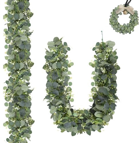 Guirnaldas Artificiales de Eucalipto, 1,8m, 2 Piezas Guirnalda Verde con Hojas de Sauce, Decoración de Eucalipto Colgante, Planta Artificial Guirnalda, para Fondo de Boda Decoración Camino Mesa