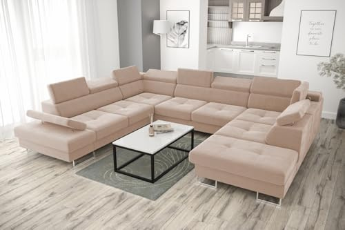 Friderik Ecksofa Galaxy MAX I Ecksofa mit Schlaffunktion, 280x350x225 cm, Stoff Gemma, Bettkasten, verstellbaren Kopfstützen & Armlehne (Beige, Links)