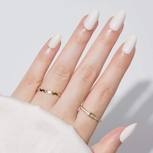 Press On Nails Short - Findigit Press On Nails, White Almond Fake Nail with Glue, Fit Perfectly Natural Reusable Stick On Nails in 16 Sizes - 32 Glue On Nail Kit, Cream White