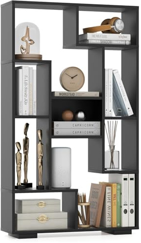 COSTWAY 120cm Bücherregal mit 9 Fächern, Standregal Raumteiler geometrisch, Mehrzweckregal Holz, freistehendes Aufbewahrungsregal mit Kippschutz für Büro, Wohnzimmer (Schwarz)