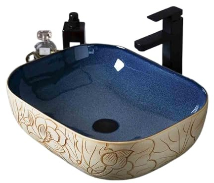 Lavandino da bagno in ceramica blu, lavabo da appoggio per interni ed esterni, con accessori, elegante lavabo da patio
