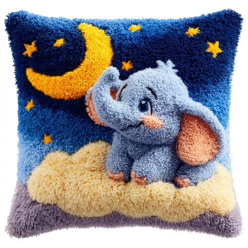 AMBATTERY Kit de cierre de gancho para bricolaje, Elefante y la luna cojín con gancho,tapete de almohada,kit de cojines de pestillos 43x43cm