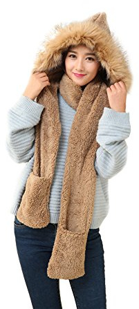 Vimeet Damen Warme Mütze Hoodie mit Ohrenklappen Beanie Wintermützen Earflap Hüte Kappe Schnee Hut Skimütze Langer Schal mit Pocket Handschuhe