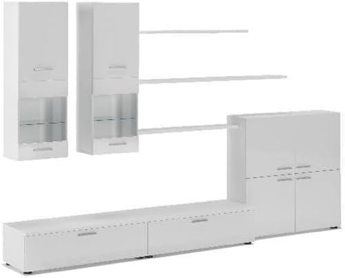 Skraut Home | Ensemble de Meubles Salon | unité Murale | Meuble Bas TV | Salle à Manger | Ensemble de séjour Contemporain avec ilumination LED | Blanc Laqué et Blanc Mate | 300x189x42cm.