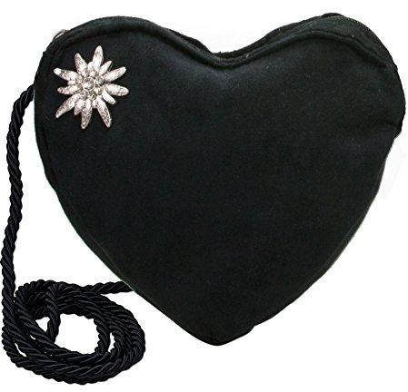 Alpenflüstern Herztasche Strass-Edelweiß - Damen Trachtentasche in Herzform, Schultertasche fürs Dirndl, Herz Handtasche zur Tracht, Dirndltasche (schwarz) DTA066
