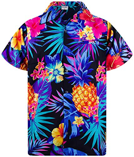 King Kameha Funky Hawaiihemd, Kurzarm, Ananas, Schwarz Blau, XXL
