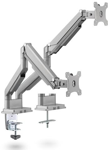 Ergolutions® Dual Gasdruck Monitorarm Silber - Höhenverstellbar, für 2 Monitore bis 32, VESA 75x75/100x100, Klemm- oder Lochmontage, Flexibles Doppelgelenk-Design, Integriertes Kabelmanagement