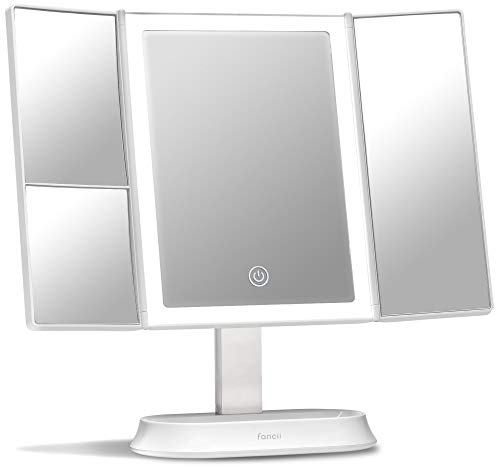 Fancii Large Makeup Mirror with Natural LED Lights, Lighted Trifold Vanity Mirror with 5x & 7x Magnifications - Dimmable Lights, Touch Screen, Cosmetic Stand - Sora (White)