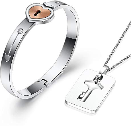 VQYSKO 2PCS Couple Necklace and Bracelet Key Lock Lovers Jewelry Set Couple Valentines Gifts with Packing Box (Rose Gold)