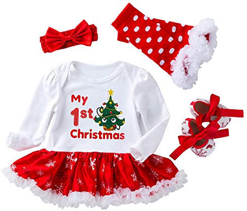 Winmany Neonate Pagliaccetto di Natale Tutu Vestito Fascia Scaldamuscoli Scarpe Set (Albero, 6-12 Mesi)
