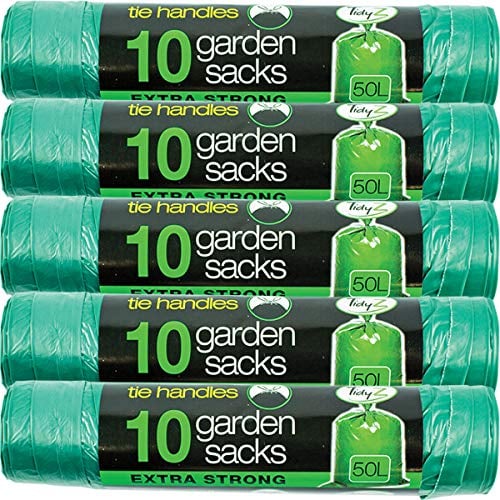 5 x 10 Packs Garden Rubbish Bags - Green Heavy Duty 50 litres x 10 pack - 89cm Extra Strong Bin Sacks With Tie Handles