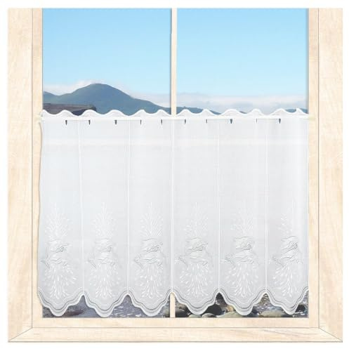 Scheibengardine Delfine Weiß-Grau | blickdichte Badgardine | HxB 60x96 cm | Maritim bestickte Kurzgardine für eine angenehme Wohnatmosphäre | Vogtländische Stickerei von atelier alles-Spitze
