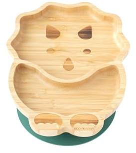 eco rascals Natural Bamboo Plates for Baby, Toddler, Kids - Dinosaur Shaped Suction Plate - Stay Put Wooden Feeding Plate for Weaning - Detachable Silicone Suction Base (Green)