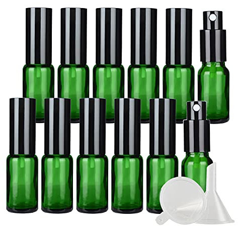 ZEOABSY 12 Piezas 20ml Frasco de Vidrio Verde con Pulverizador Negro Botella de Cristal con Bomba en Spray Vacía Reutilizable Ideal para Perfume o Composición con Aceites Esenciales Embudo
