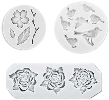 Bymivofun 3 Moldes De Silicona para Fondant De Flores, Pájaros, Hojas, Mini Molde para Hornear Redondo De Silicona 3D para Decoración De Pasteles, Galletas, Chocolate, Dulces, Cupcakes
