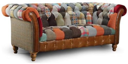 Casa Padrino Luxus Chesterfield 2er Sofa Mehrfarbig/Grau/Braun 200 x 95 x H. 85 cm - Wohnzimmer Sofa mit Echtleder - Chesterfield Wohnzimmer Möbel