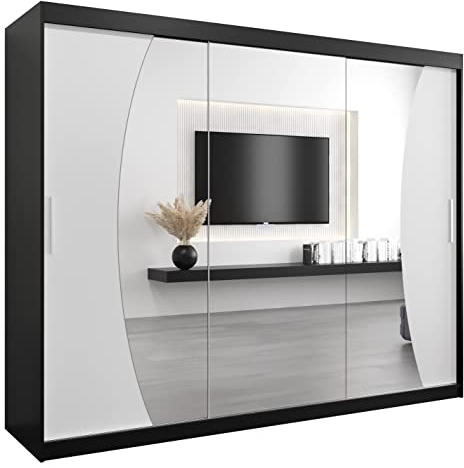 MEBLE KRYSPOL Wave 250 Schlafzimmerschrank mit DREI Schiebetüren, Spiegel, Kleiderstange und Regalen – 250x200x62cm - Mattschwarz + Mattweiß