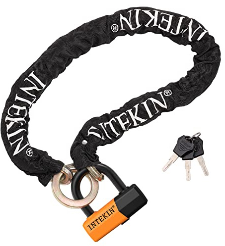 INTEKIN Motorcycle Chain Locks 4FT Motorcycle Lock 12mm Thick Bike Chain Lock Heavy Duty Chain Lock with 16mm/0.64inch Disc Lock for Motorcycles, Scooters, Gates and More, Orange