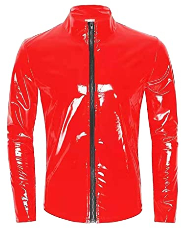 Caxndycing Herren Lack-Optik Jacke Kurze Mantel Wetlook Coat Oberteile Männer Langarmshirt Kunstleder Hemd T-Shirt Slim Fit Latex Glänzend Tops Party Outwear mit Reißverschluss