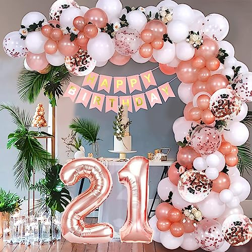 Décoration Anniversaire 21 Ans Fille Or Rose - Guirlande de Ballons, Bannière Joyeux Anniversaire, Ballons Blancs et Confettis pour Femme Adulte