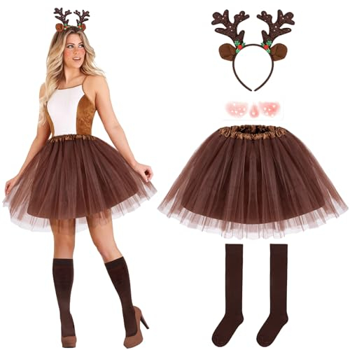 Hifot Rentier Kostüm Damen Rentier Haarreif und Tüllrock Temporäre Tattoos Socken Weihnachtskostüm Reh Kostüm Tierkostüm Erwachsene für Halloween Weihnachten Cosplay