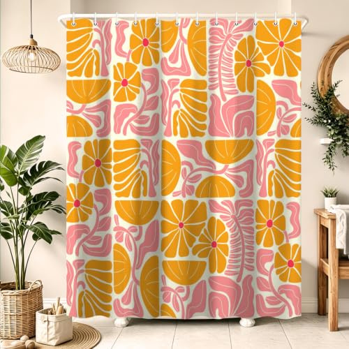 DeeCabin Boho-Duschvorhang, abstraktes buntes Blumenmuster, Vintage-Retro-Patchwork, orange-rosa Blume, botanisch, geometrisch, ästhetisch, groovig, Badezimmer-Dekor, Duschvorhang-Set mit 12 Haken,