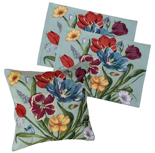 Gobelin Tischset 2er Pack Blumen Tischdeko mit Baumwolle Osterdeko Untersetzer Esstisch Natur Deko Sommerwiese Typ884 Platzsets 33x46 cm Türkis
