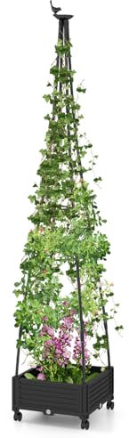 RELAX4LIFE Vasca per Piante con Traliccio ad Obelisco, Letto da Giardino Rialzato da 206 cm con Tubi in Metallo Rivestiti in PE e Sistema di Autoirrigazione, Torre Gabbia per Piante Rampicanti
