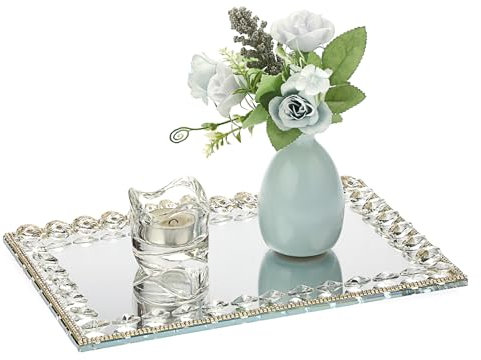 SUMTree Rectangle Crystal Decorative Display Tray with Mirrored Base, Jewelry Trinket Organizer, Makeup Display, Cake Serving - 30 * 20 * 2cm