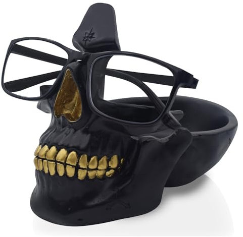 VIPbuy Schädel Brillenhalter Stand mit Storage Tray, Neuheit Brillenhalter Rack für Nachttisch, Harz Schädel Kopf Skulptur Statue Home Office Desk Decor Geschenk (Schwarz)