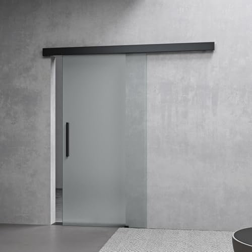 Mai & Mai Porta Scorrevole in Vetro 102.5x205cm, Porta Scorrevole in Vetro Satinato 8mm con Binario e Maniglia Per Asta per Bagno Cucina Studio Ufficio, Nero, Amalfi-plus 14