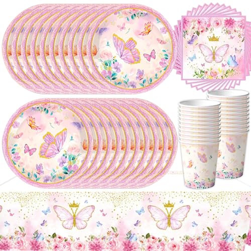 61Stk Ensemble de vaisselle de fête en forme de papillon rose pour fille - Décorations de fête pour enfants - Vaisselle avec assiettes en carton - Serviettes en carton - Gobelets en carton - 20