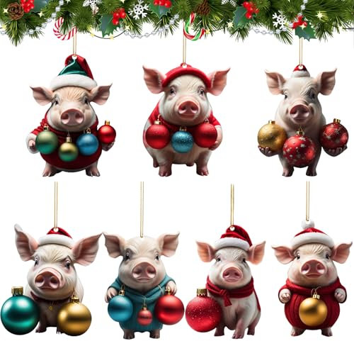 7 PCS Weihnachtsbaumschmuck Schwein,Deko Schwein Weihnachten,Weihnachtsbaum Anhänger Schwein,Weihnachtsbaum Deko Schwein,Geeignet für Weihnachtsbaumdekoration, Innen- Und Bürodekoration