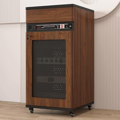 JIAOCKJIAO StereoSchrank, Phonoschrank Mit Schublade und Türschloss, Audio Rack Hi Fi Regal mit Kabelloch, Bewegliches Record Player Schrank mit Rädern, Verstellbare Regale(Brown,52x55x108CM)