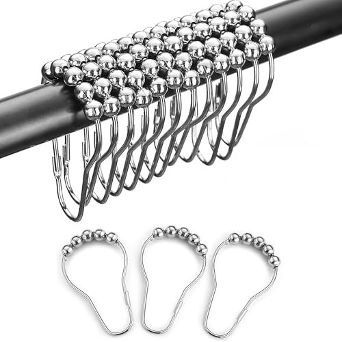 DesertBoy 20 Pcs Shower Curtain Hooks, Shower Curtain Rings with Transparent Storage Box, Metal Curtains Hooks with Roller Balls for Bathroom Bedroom kitchen Curtains Rods (Silver)
