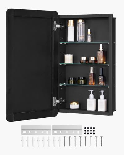 VEVOR Medicine Cabinet, 16.5 x 27.5 inch, for Bathroom with Mirror, Aluminum Frame Bathroom Wall Cabinet, 3-layer Adjustable Shelves, Recessed & Wall-mounted Installation