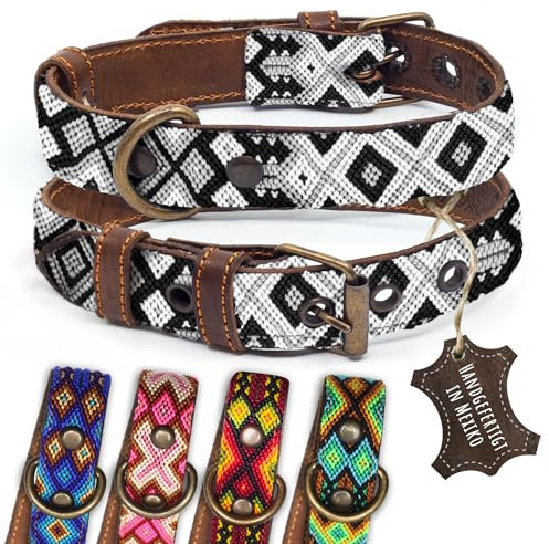 ALTEZAR Hundehalsband Leder - braunes Rindsleder Tribal Schwarz/Weiß durchgehend Bestickt bunt - Handgemacht in Mexiko Lederhalsband Hund - Größe S - für kleine Hunde